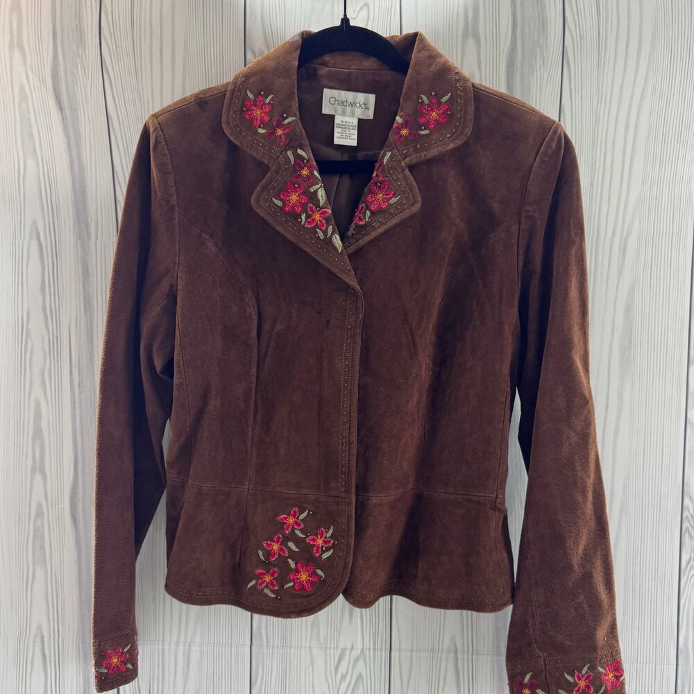 Vintage 1990s/Y2K Chadwicks Womens Jacket Size 14 Suede Floral Embroidered